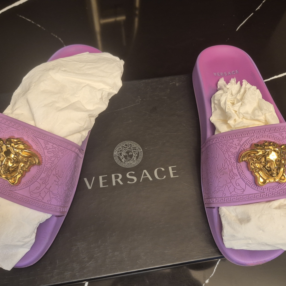 Versace Purple Slides with Gold Medusa